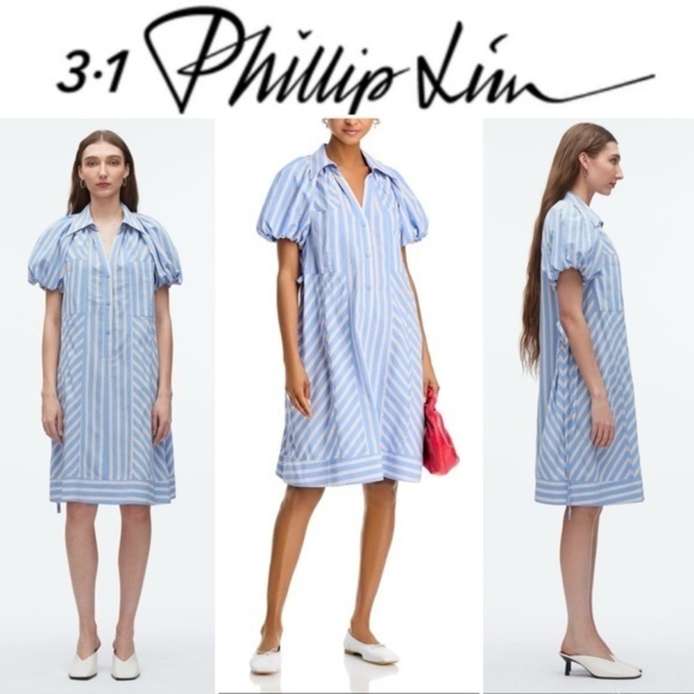 3.1 PHILLIP LIM Puff Sleeve Shirt Dress Blue and White Midi Dress $595